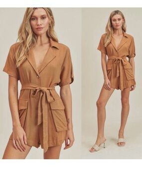 NWT Lush Linen High Waisted Belted Safari Romper w/ Cut Out Back Casual Vacay